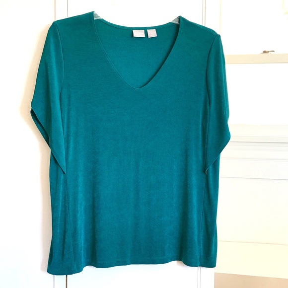 CHICO’S Travelers Flutter Sleeve V Neck Blouse Top Green Teal Size X-Large 16 - Picture 1 of 16